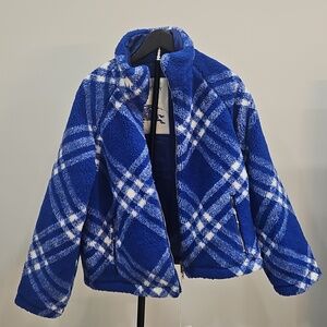 Burberry Blue and White Plaid Women's Fleece Puffer Jacket